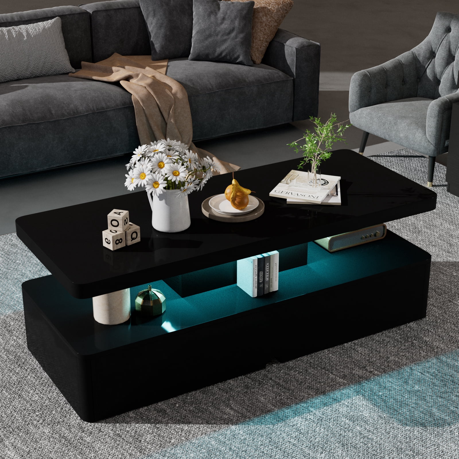 Easoger Modern Stylish Coffee Table with 16 Colors LED Lights, Double-Layer Design for Living Room, Black High Gloss Acrylic