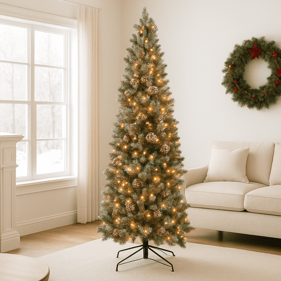 Pre-lit Artificial Christmas Tree with Fervent Warm White Lights, Full Lighted Xmas Slim Tree with Pine Cone & Foldable Stand, Decoration for Festival, Party, Home