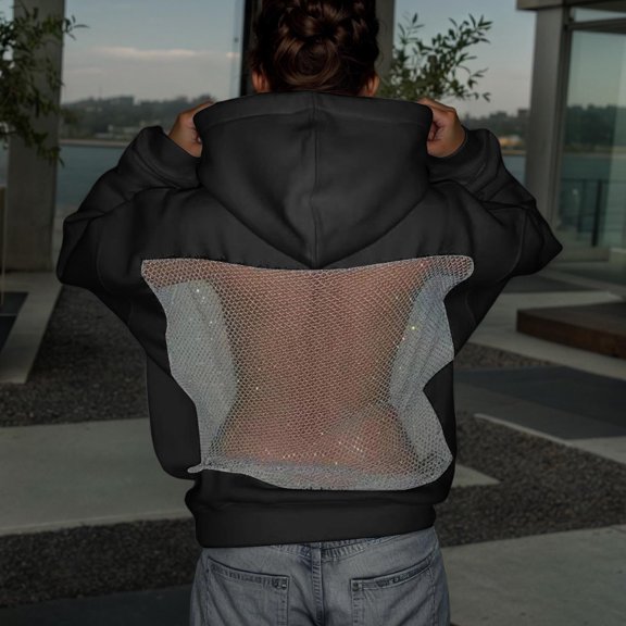 FASHOFT See Through Fishnet Y2K Hoodie for Women Backless Grunge Clothes Sequin Oversized Hoodies with Pockets Black L