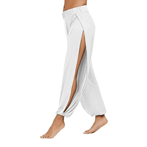 Women's High Slit Harem Yoga Pants Loose Fit Lounge Beach Pants, S, White