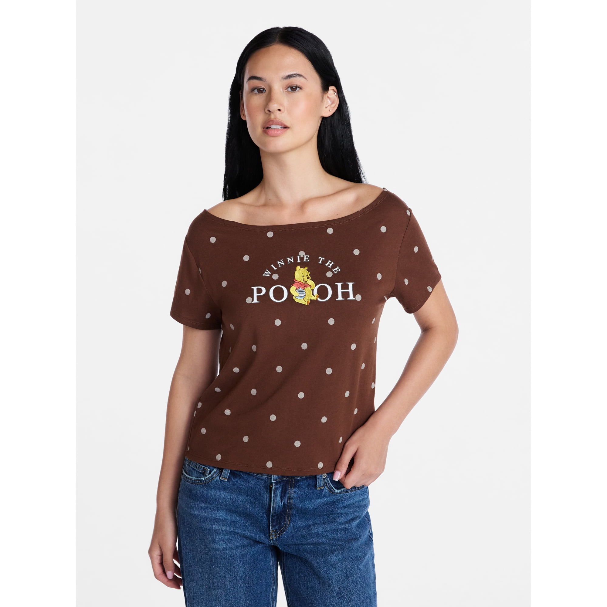 Winnie the Pooh Women's Off the Shoulder Skimmer Polka Dot Tee, Sizes XXS-XXL