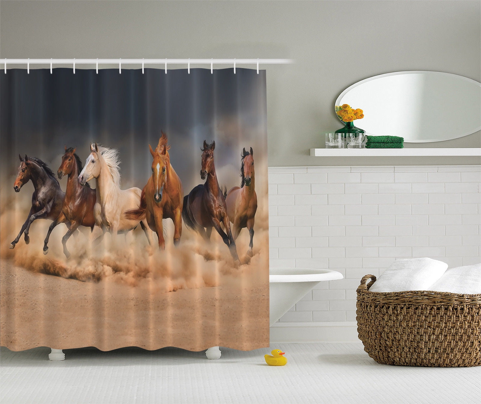 Horses Run in the Desert Waterproof Shower Curtain Set Country Western Bathroom 