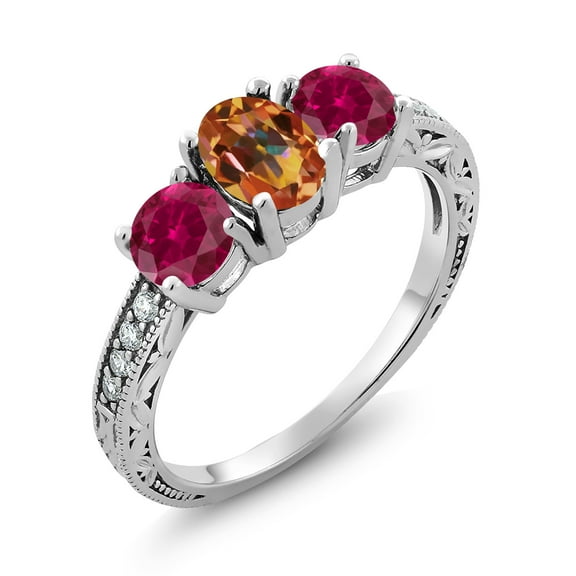 Gem Stone King 3.12 Ct Oval Ecstasy Mystic Topaz Red Created Ruby 925 Sterling Silver Moissanite Ring (Size 7)
