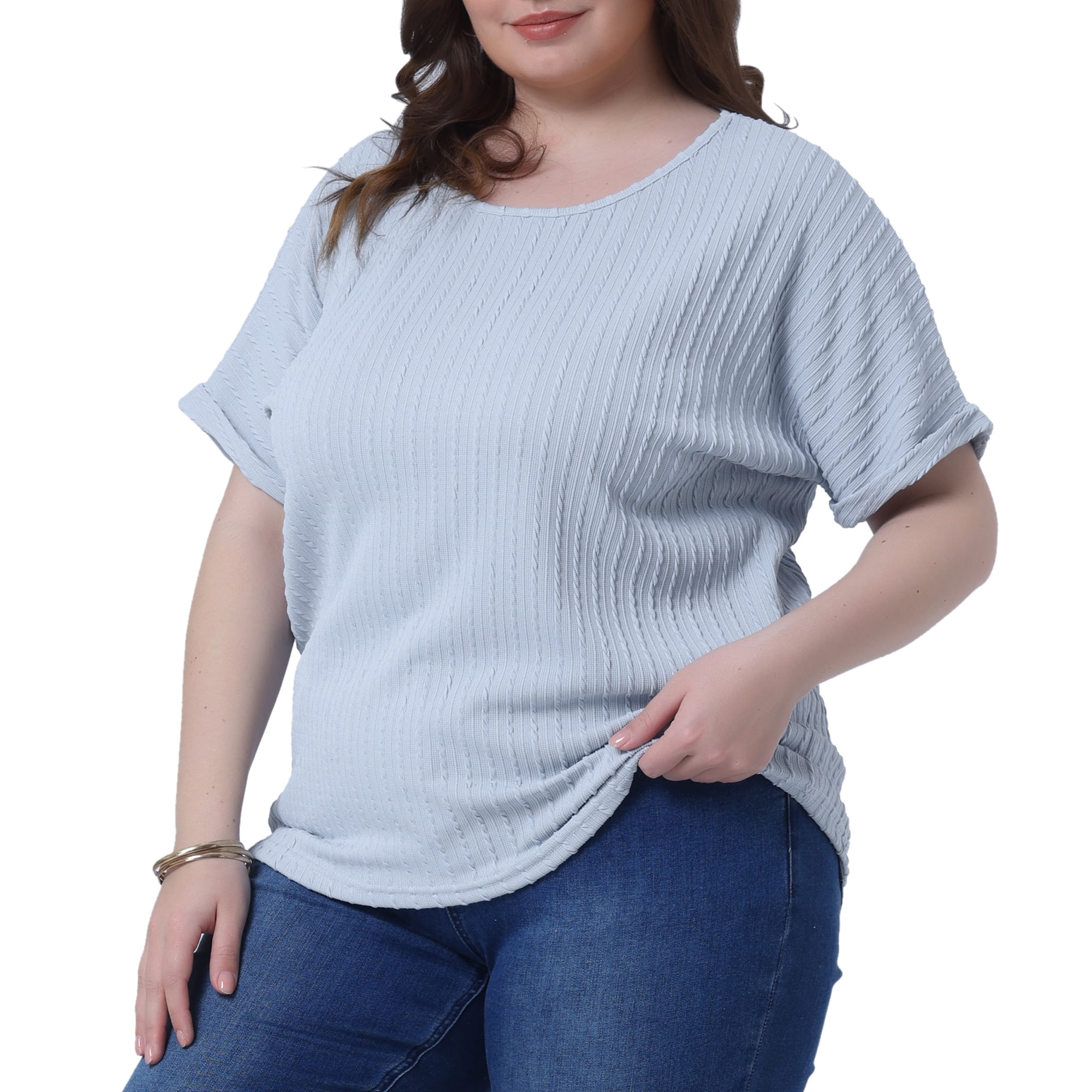 DARING DIVA Women's Plus Textured Rolled Sleeve Tee Crew Neck Blouses 3X Light Blue