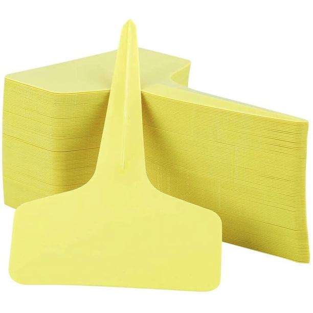 Nvzi 100 etiquetas de plástico tipo T para plantas de 6 x 10 cm, etiquetas para viveros y jardines (amarillas)