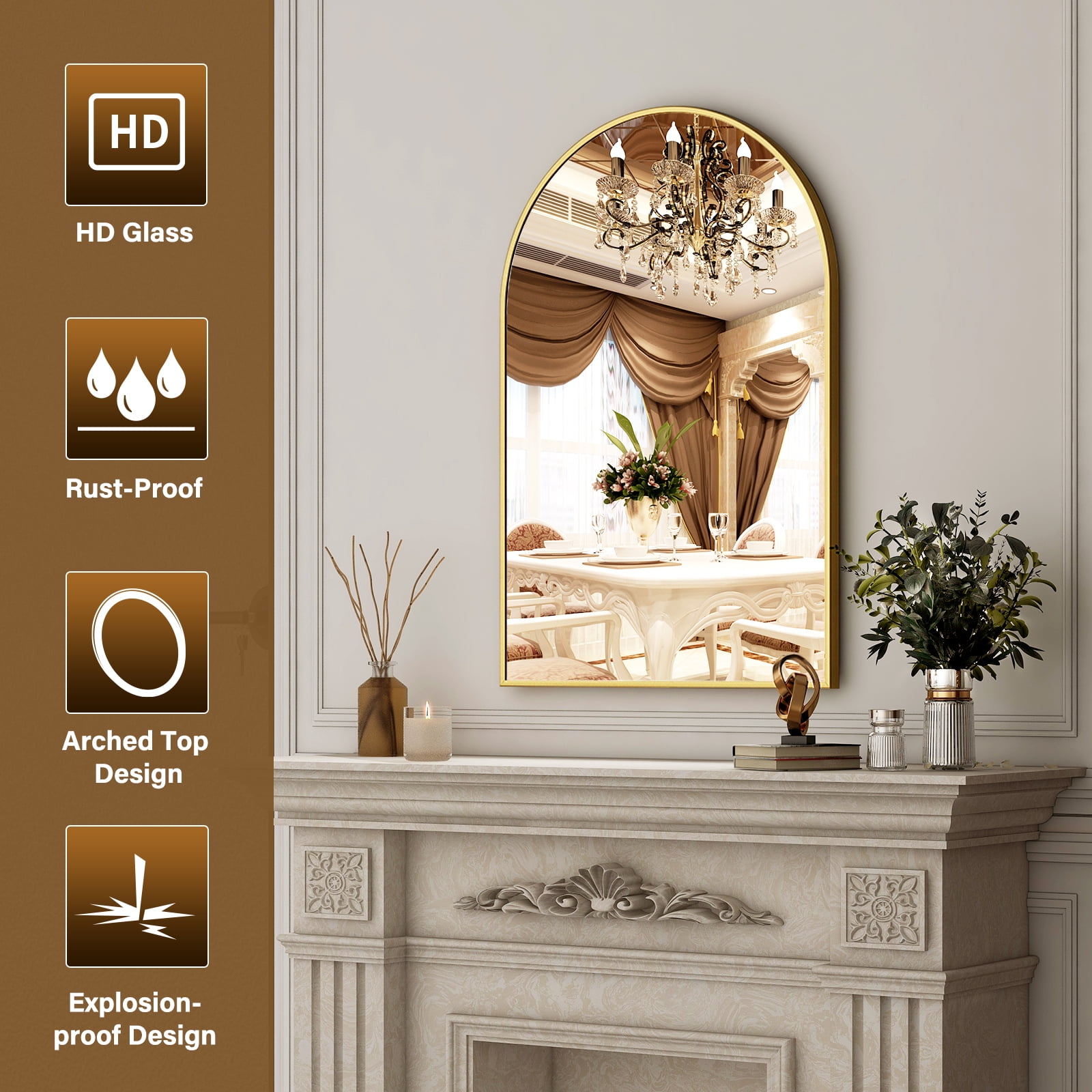 SHATTERVUE 24"x 16.1" Arched Vanity Mirror Bathroom Mirror Wall Mounted, Gold