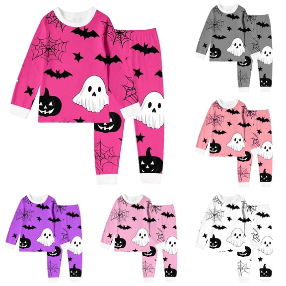 Weebloom Halloween Kids Girls' Pajama Sets Cute Bat Boys Pajama Set Long Sleeve Sleepwear Nightwear Pjs Loungewear Pink 8Y