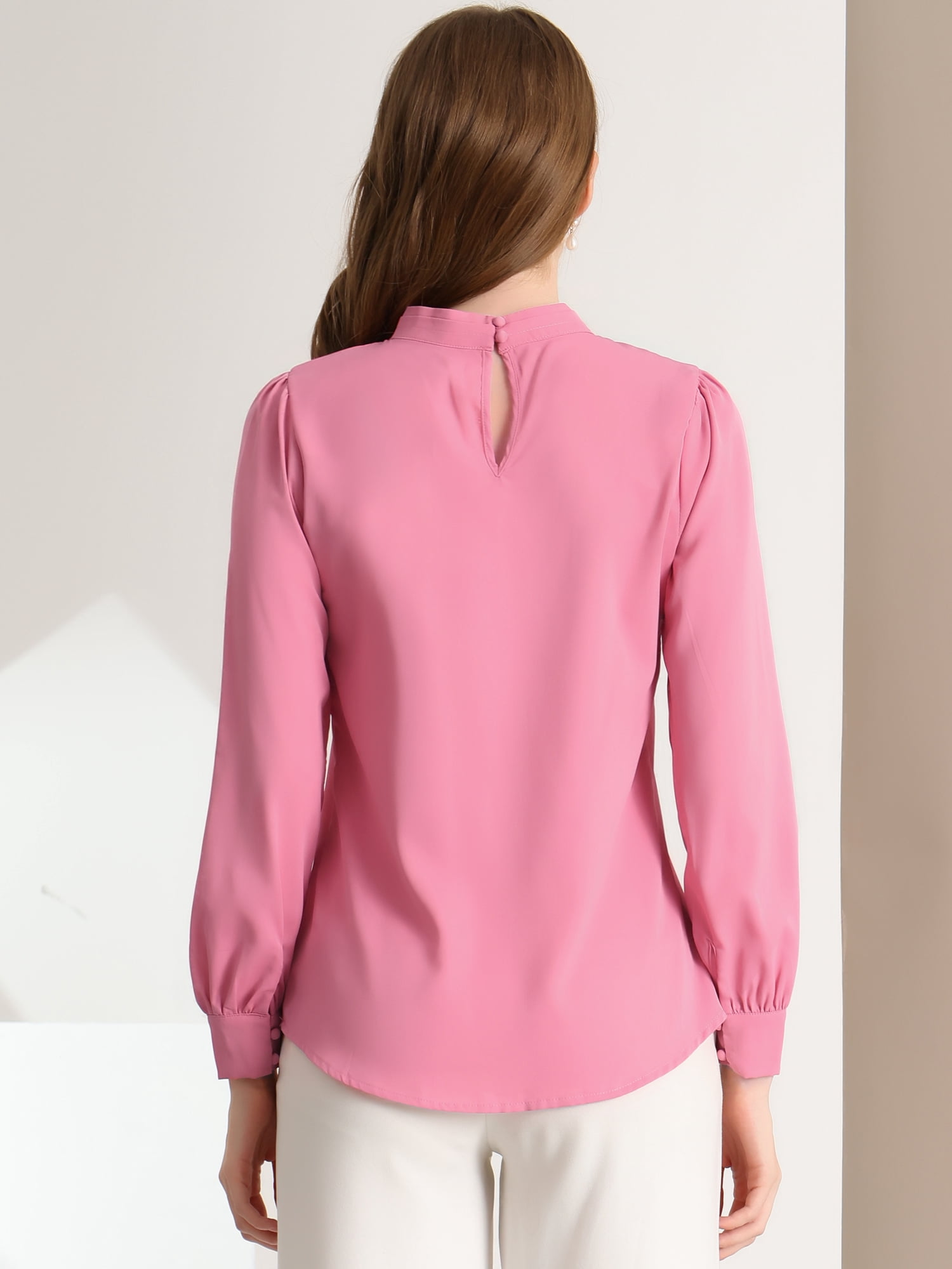 DARING DIVA Women's Stand Collar Long Sleeve Office Blouse M Rose Pink