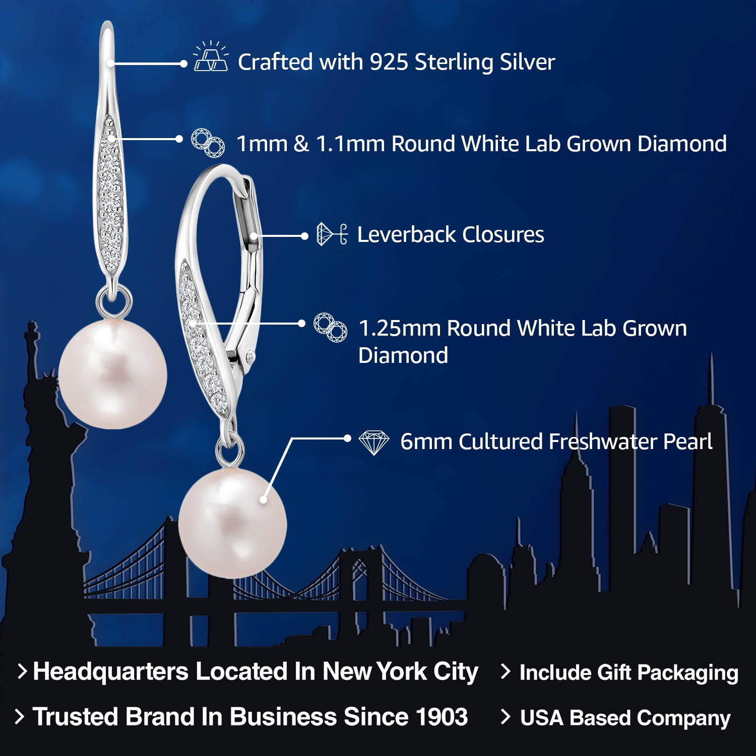Gem Stone King Cultured Freshwater Pearl and Lab Grown Diamond Dangle Earrings for Women | 925 Sterling Silver | 1 inch | Pearl Size 6MM | Fine Jewelry Gifts for Women Mom Wife Her