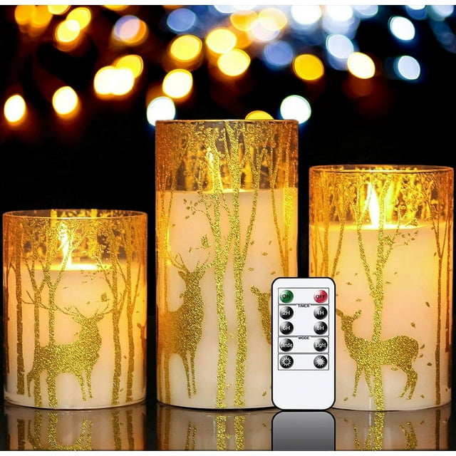 Juego de 3 velas LED de cristal con temporizador de 6 horas, velas de pilar para decoración de primavera, H10cm/ 12,5cm/ 15cm