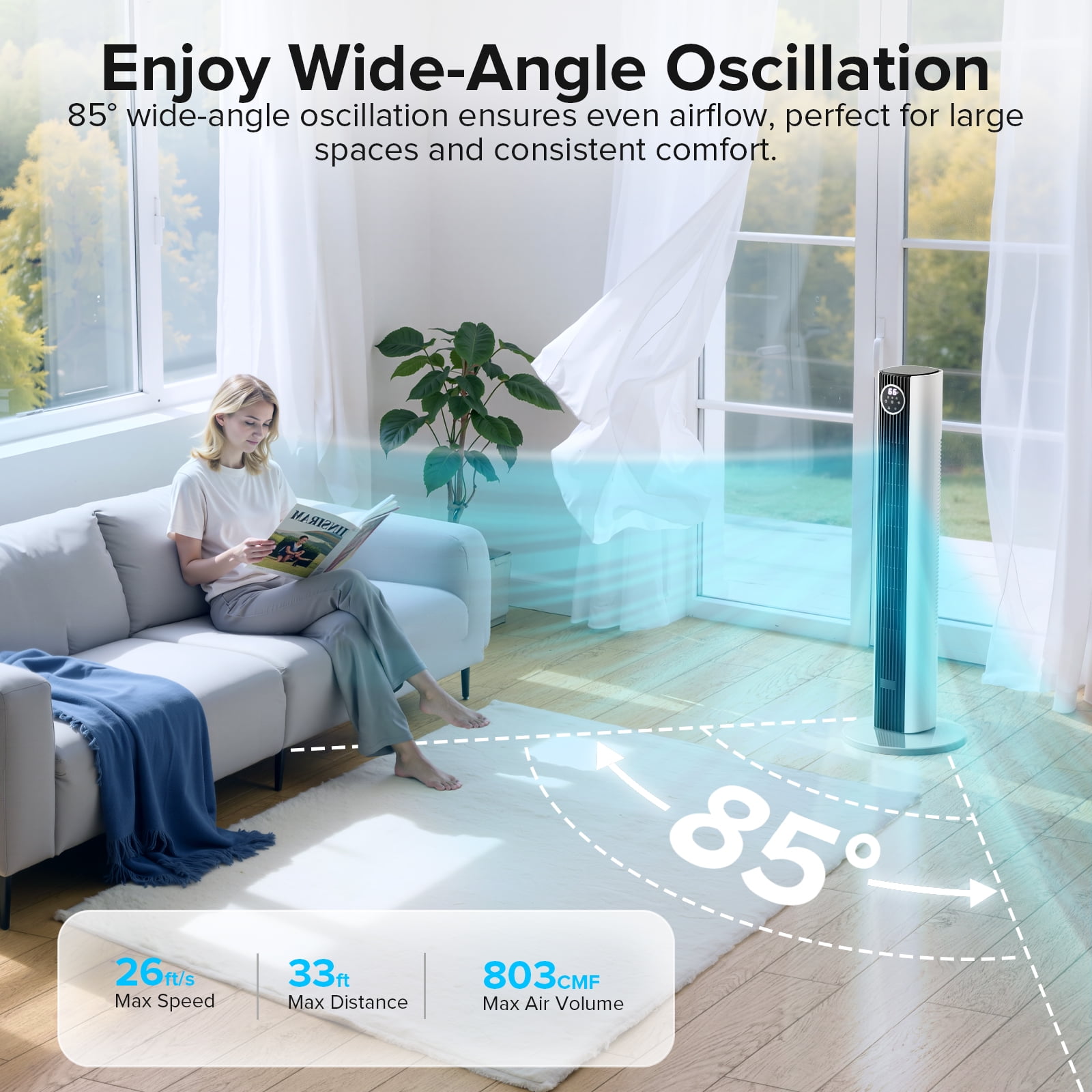 KISSAIR 35" Oscillating Tower Fan, Bladeless Floor Fan with Remote, 4 Modes & 3 Speeds, 12H Timer, Quiet & Family-Safe, LED Display, 85° Wide Cooling for Bedroom & Home  (Black - White mix)