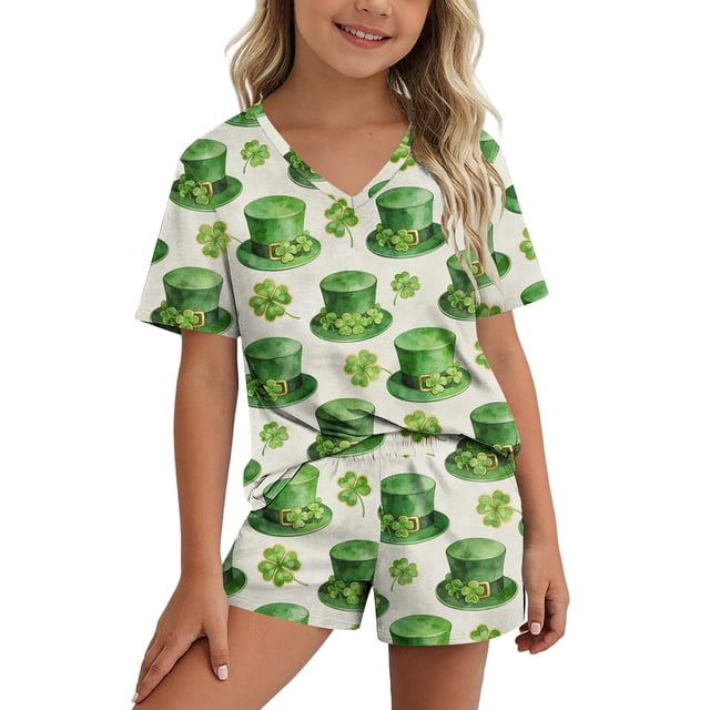 Conjuntos de blusas y camisas de manga corta con cuello en V para niños, conjunto informal de blusa y pantalones cortos de manga corta con cuello en V y estampado de colores para el Día de San Patrici
