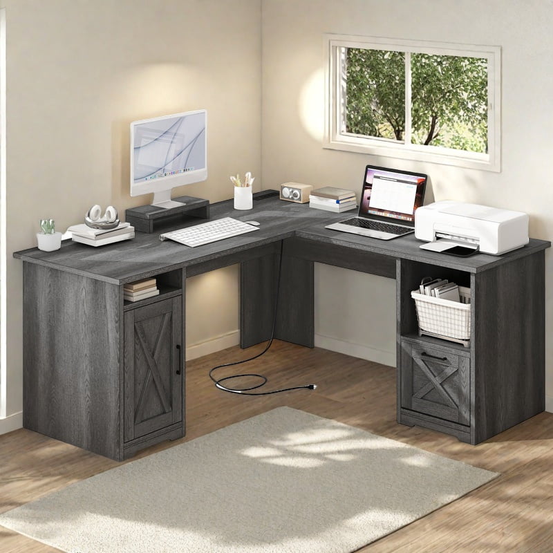 Uforic 59" L Shaped Desk with Power Outlets,Large Computer Desk with Drawers, Home Office Desk,Gray