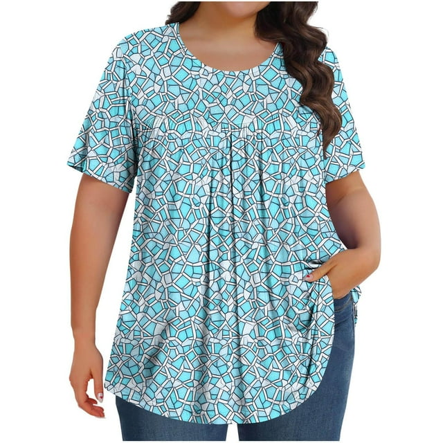 Pisexur Hauts de Printemps pour Femmes Blouses pour Femmes Décontractées Mode Féminine Imprimé Col Rond Manches Courtes Plissé Ample Multicolore,L