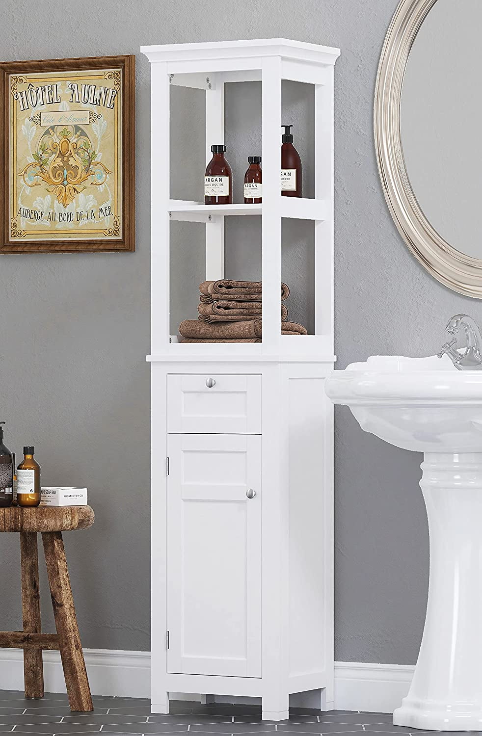 Spirich Home Bathroom Freestanding Storage Cabinet with Two Tier Open Shelves Tall Slim Cabinet with Door and Drawer White Free Standing Linen Tower