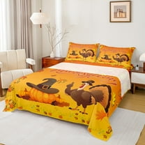 Castle Fairy Autumn Harvest Pumpkin Turkey 4 Pieces Queen Sheet Sets for Teens,Happy Thanksgiving Ultra Soft Flat Sheet,Maple Leaves Queen Fitted Sheet,Lightweight Room Decor