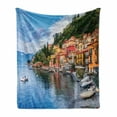 thumbnail image 1 of Italian Soft Flannel Fleece Throw Blanket, Summer Village by the Mediterranean Sea with Yacht Boats Idyllic Town Panorama, Cozy Plush for Indoor and Outdoor Use, 60" x 80", Multicolor, by Ambesonne, 1 of 6