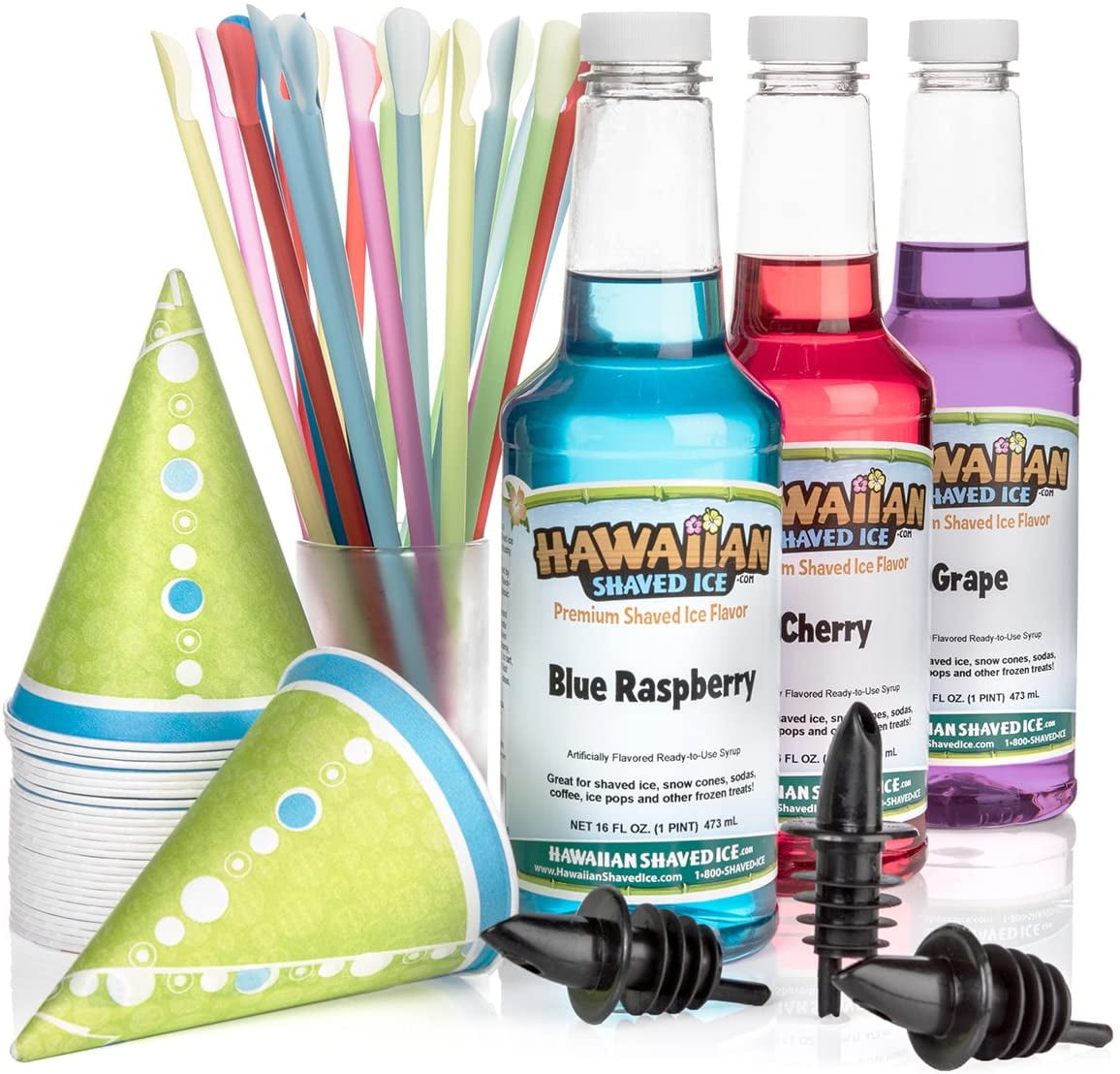 Hawaiian Shaved Ice 3 Flavor Fun Syrup and Accessories Pack