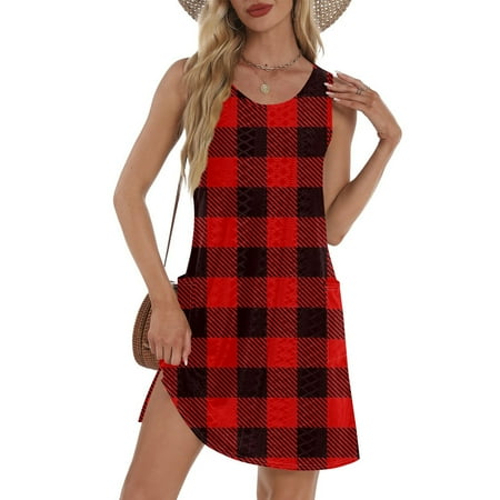 GXIPO Casual Loose Swim Dress for Women Swimwear Eyelet Sleeveless Bikini Beach Cover Up Summer Dresses for Women Tank Sun Dress Swimsuit Coverup with Pockets Deep Red XL