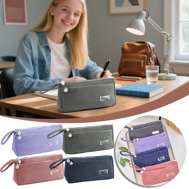 SSZMDLB under $5 4Pcs Corduroy Pencil Case, Corduroy Pencil Case, Double Layer Pen Pouch, Large Capacity Stationery Bag for School Office, Simple Plain Color Pen Holder