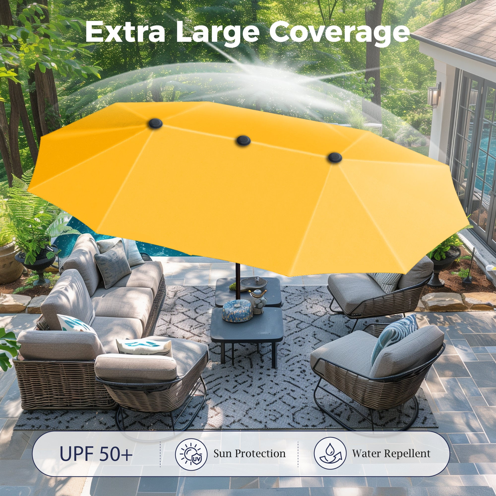 Alpha Joy 13x6.5ft Double-Sided Extra Large Outdoor Patio Market Rectangle Umbrella with Crank Handle, Gold Yellow
