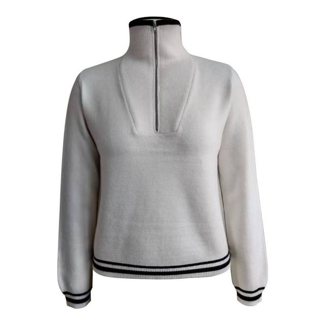 Suéter George para Mujer, con Cuello Alto Medio Cierre en Pecho con Raya en Ruedo Beige Talla EG