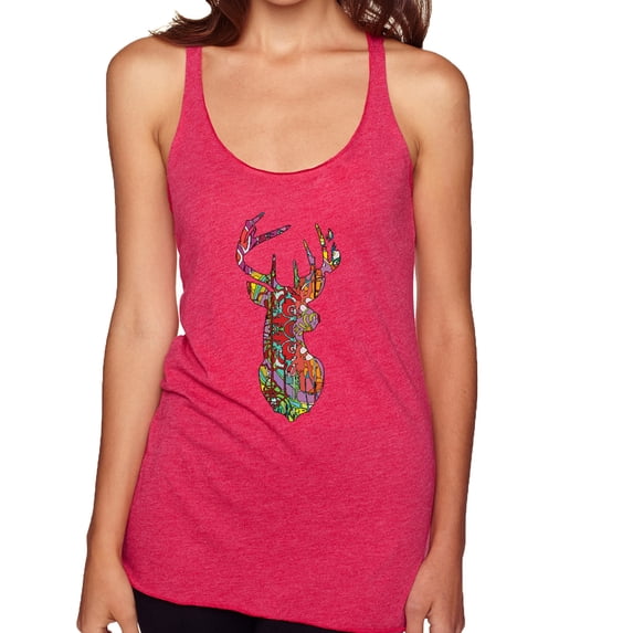 Trippy Colorful Buck Head Rainbow Hunting Deer Mosaic | Womens Animal Lover Premium Tri-Blend Racerback Tank Top, Shocking Pink, Medium