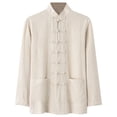 thumbnail image 2 of Mens Shirts Long Sleeve Cotton Linen Retro Mandarin Collar Chinese Button Blouse Tops with Pockets, 2 of 7