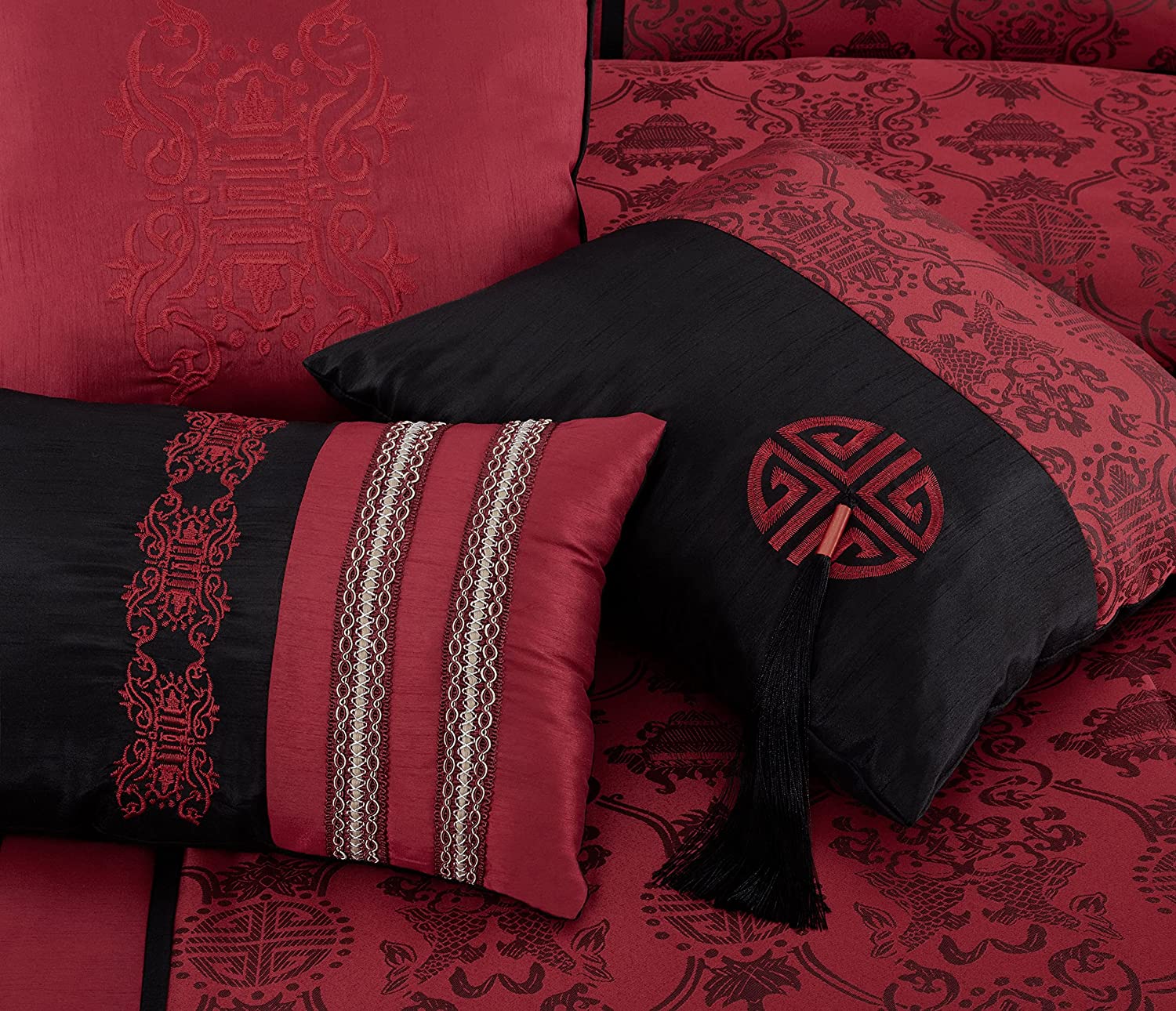 Chezmoi Collection Dynasty 7-Piece Oriental Black Red Jacquard Comforter Set - Lightweight Floral Bedding For All Seasons