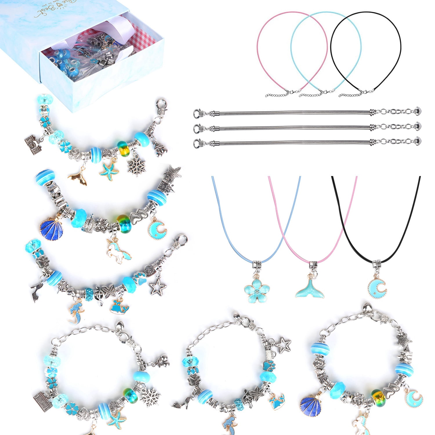 DIY Charm Bracelet Making Kit 66Pcs Jewelry Making Kit Perfect Crafts Gifts Birthday with Gift Box for Girls  5 6 7 8 9 10 11 12 Years Old Blue