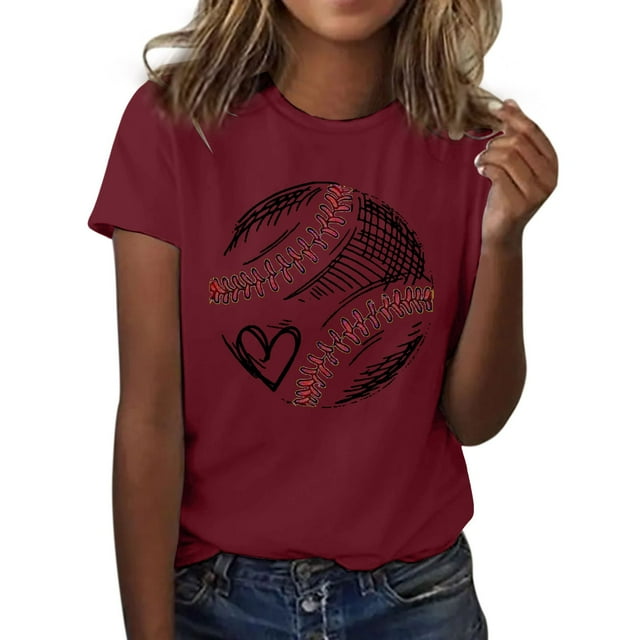 T-Shirt à Manches Courtes pour Femmes Liquidation Chemises en Fibre de Polyester Mode Décontractée Imprimé Baseball Col Rond T-Shirt à Manches Courtes