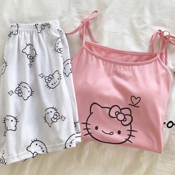 Nuevo Sanrio Hello Kitty pijamas con tirantes Kawaii dibujos animados Anime KT Cat Sling moda Casual ropa de hogar traje con sujetador Y2K Sweet Girl