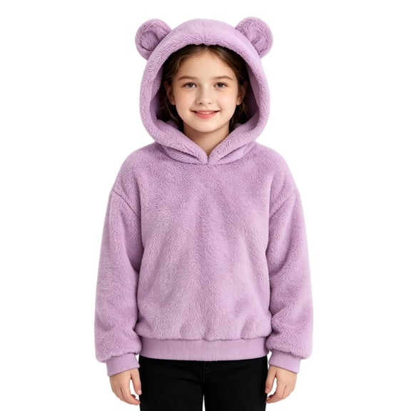 WDWYY Girls Fuzzy Fleece Hoodies with Bear Ear Hood Thermal Warm Casual Long Sleeve Soft Plush Pullover Sweatshirts Purple 9-10Years