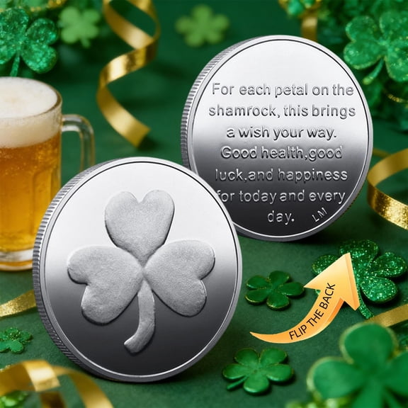 St. Patrick's Day Decor Gold Silver Coin Shamrock Engraved Edge Gear Border Festive Gifts, St. Patrick Decorations for Home Party