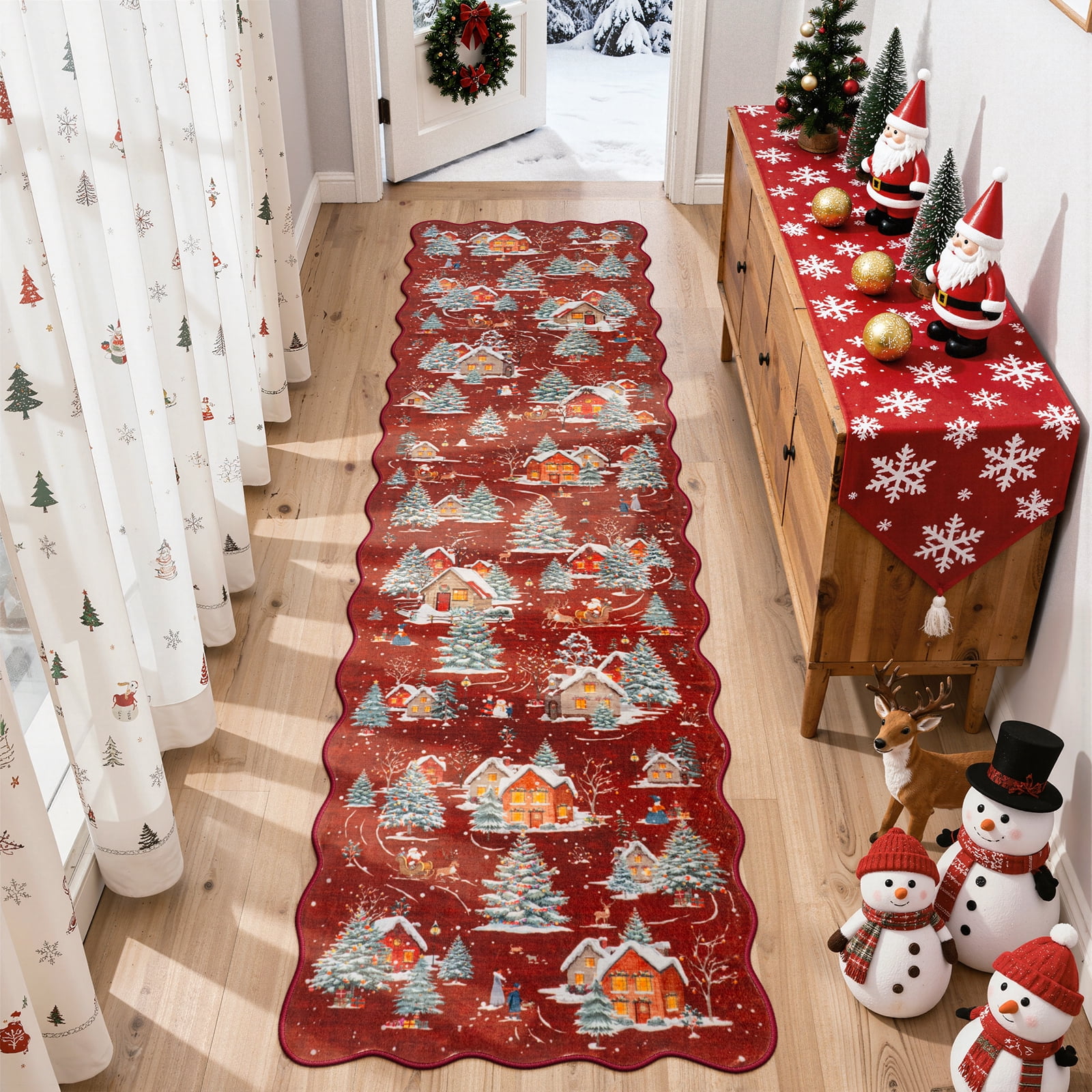 Wonnitar Christmas Runner Rug for Hallway, 2x8 Red Kitchen Rug Washable Non Slip, Soft Ultra-Thin Christmas Tree Santa Claus Holiday Decor Runner Carpet for Entrance Bedside
