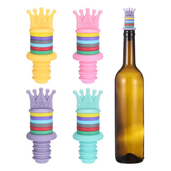 Uxcell 4Pcs Silicone Wine Stopper, Crown Shape Funny Wine Stopper with Glasses Marker Reusable Airtight Leak-proof Bottle Plug Liquor Saver for Beer Beverage Bottle Bar Party, Multicolor