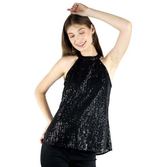 Artyska Women's Halter Neck Sleeveless Sequin Sparkly Top