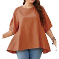 thumbnail image 3 of Camisa de manga corta de encaje de verano para mujer, camiseta holgada con dobladillo Irregular, Top informal con cuello redondo, rojo pardusco XXXL, 3 of 5