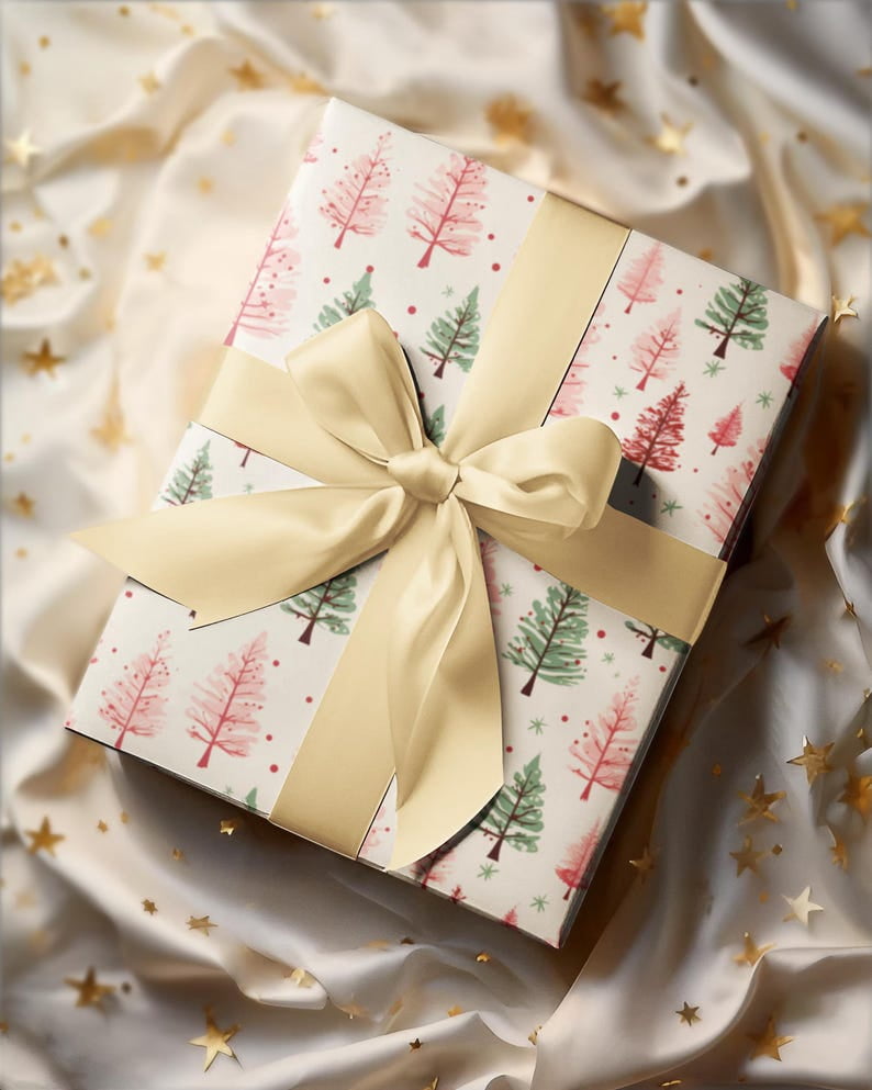 Pink & Green Christmas Wrapping Paper Pastel Xmas Tree Print Festive Gift Wrapping Paper Roll Christmas Classic Holiday Gift Wrap Paper Vintage Christmas Gift