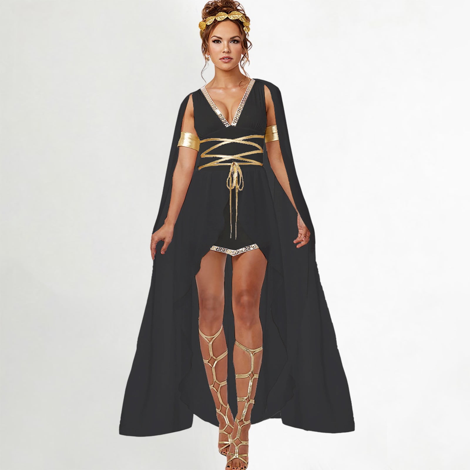 XIAOCHA Greek Goddess Black Chiffon Mini Dress Set For Women Gold Waist Wrap Cape Party Attire