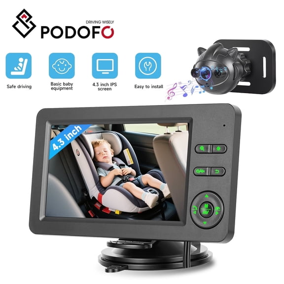 Podofo 4.3 inch Rear Seat Baby Monitor with HD 720P Infrared Night Vision Wide-Angle Lens TN Screen Camera with Bluetooth Music