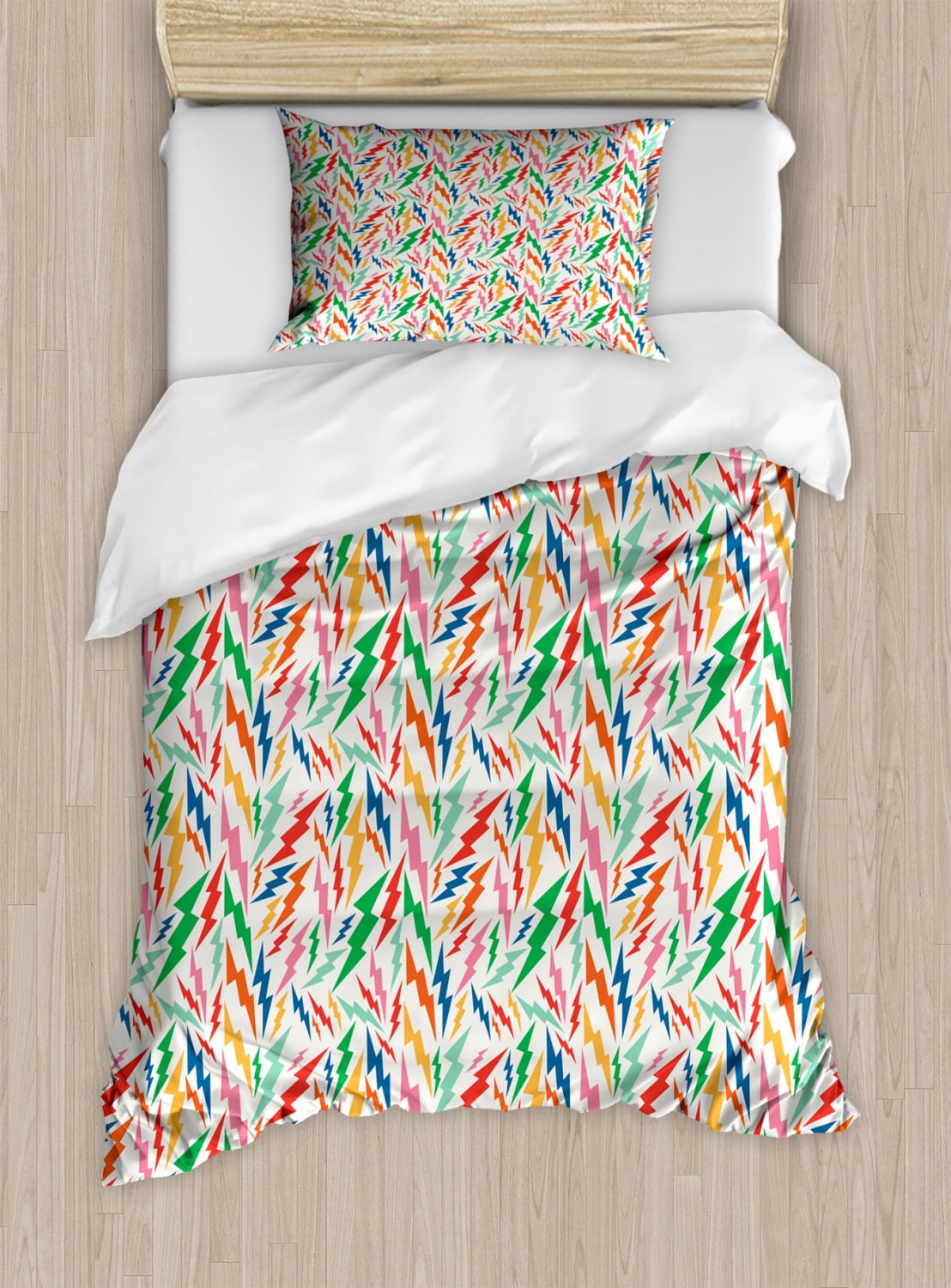 Colorful Twin Size Duvet Cover Set, Hipster Pattern with Thunder Bolts and Retro Effect Fun