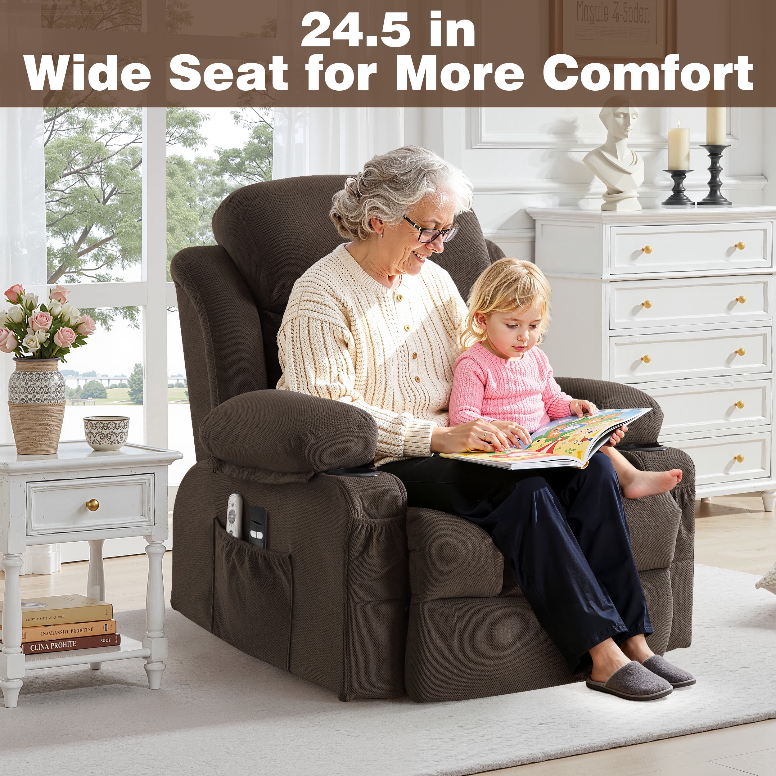 Lift Chair for Elderly, Power Lift Recliner Chair with Heat and Massage, 24.5" Oversized Massage Recliner for Living Room with Remote Control, Cup Holders, Easy Stand, 350lbs Capacity, Brown