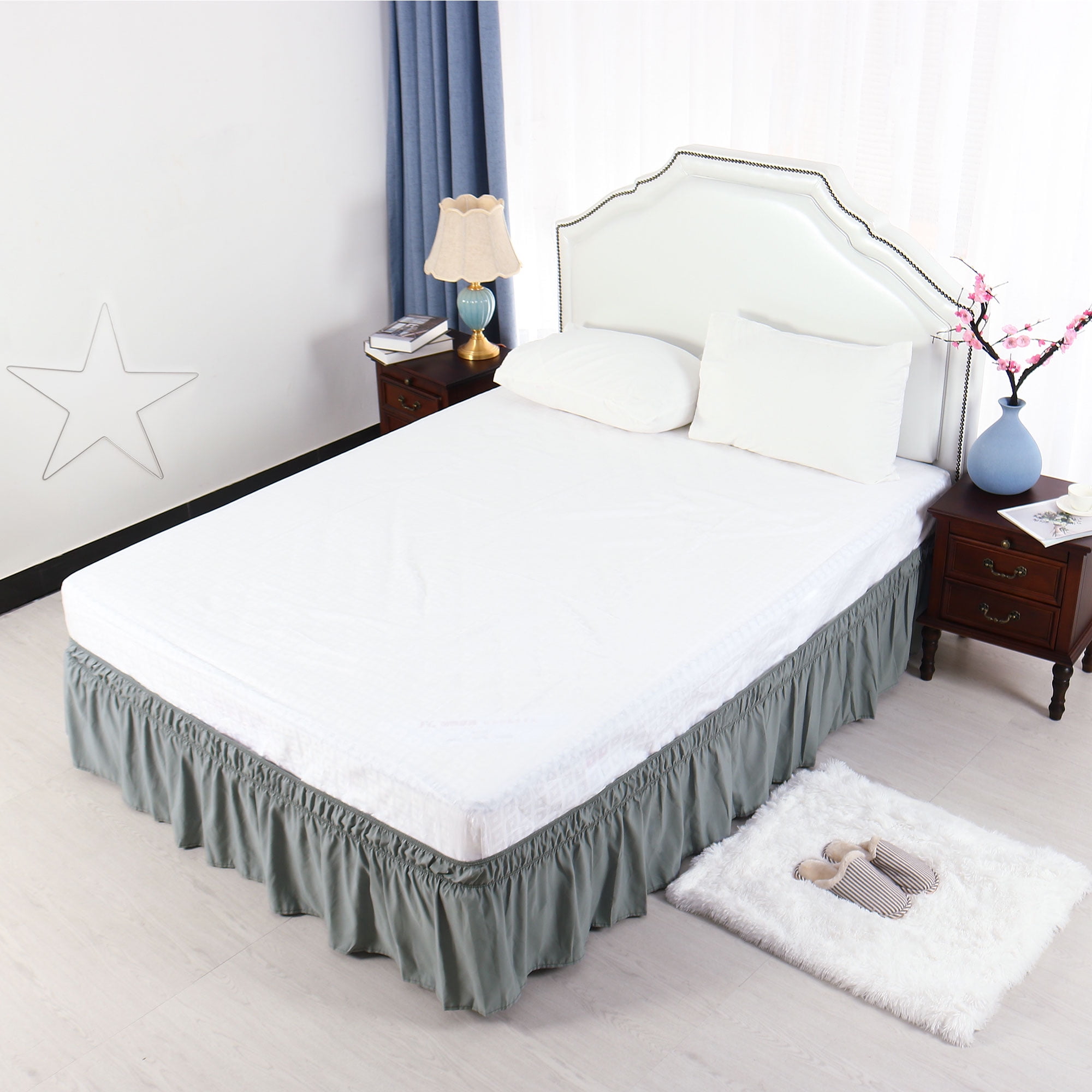 Pleated Bed Skirt Polyester Wrap Around Dust Ruffle Gray Twin 15 Inch