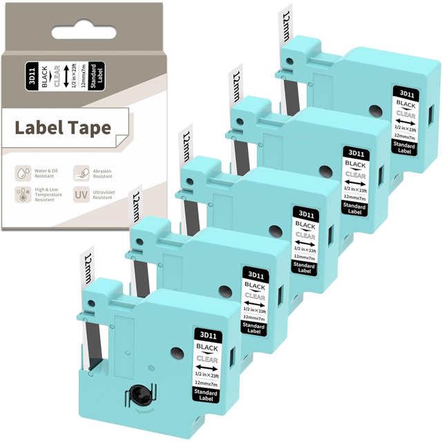 CZCPP-remplacement pour DYMO Label Maker Recharges D1 Label Tape Clear 45010 S0720500 Compatible avec DYMO LabelManager 160 280 360D 450 210D Colorpop Label Maker, 1/2 Pouce x 23 Pieds Lot de 5 Noir sur Transparent