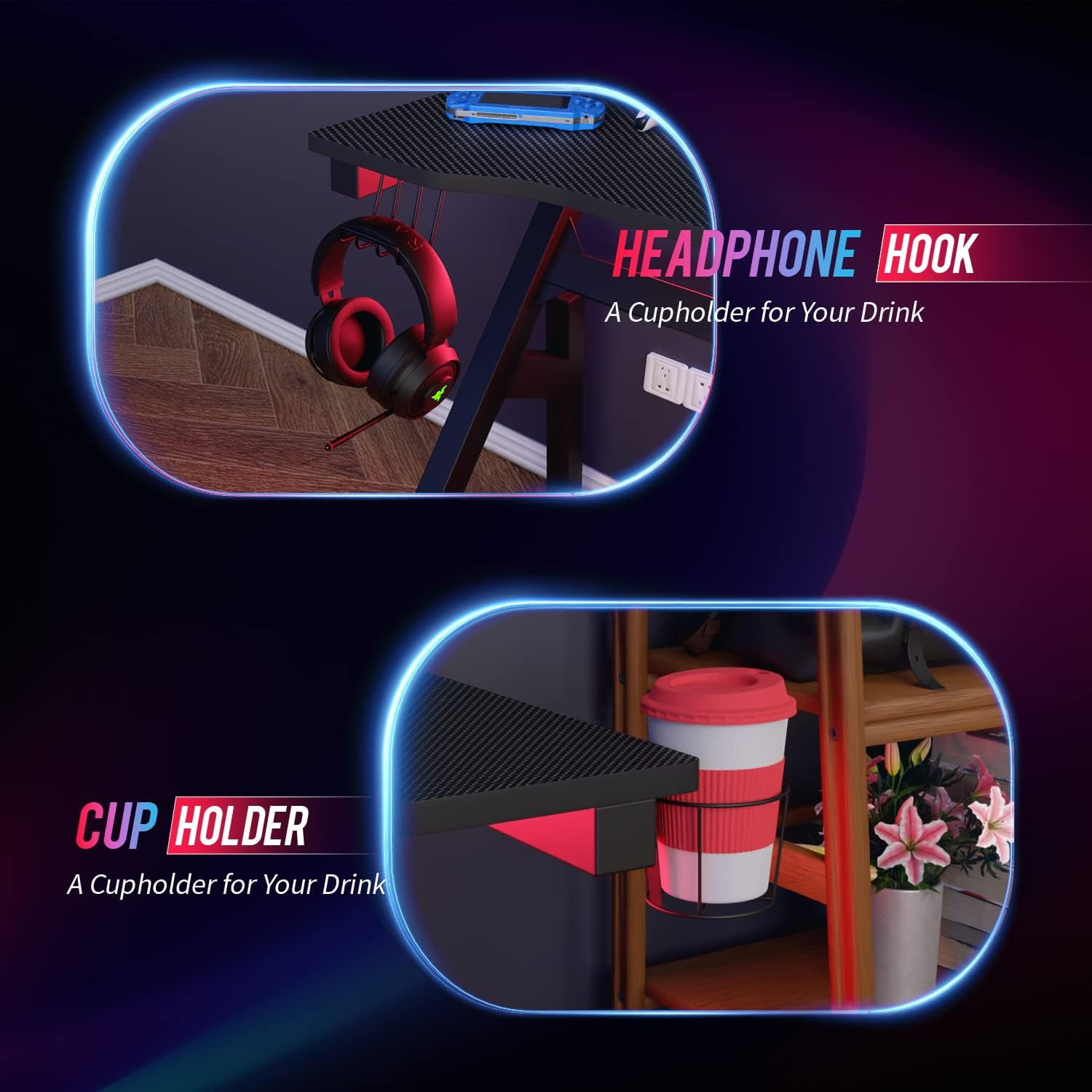 BestOffice Home Office Desk with Headphone and Cup Holders, Red