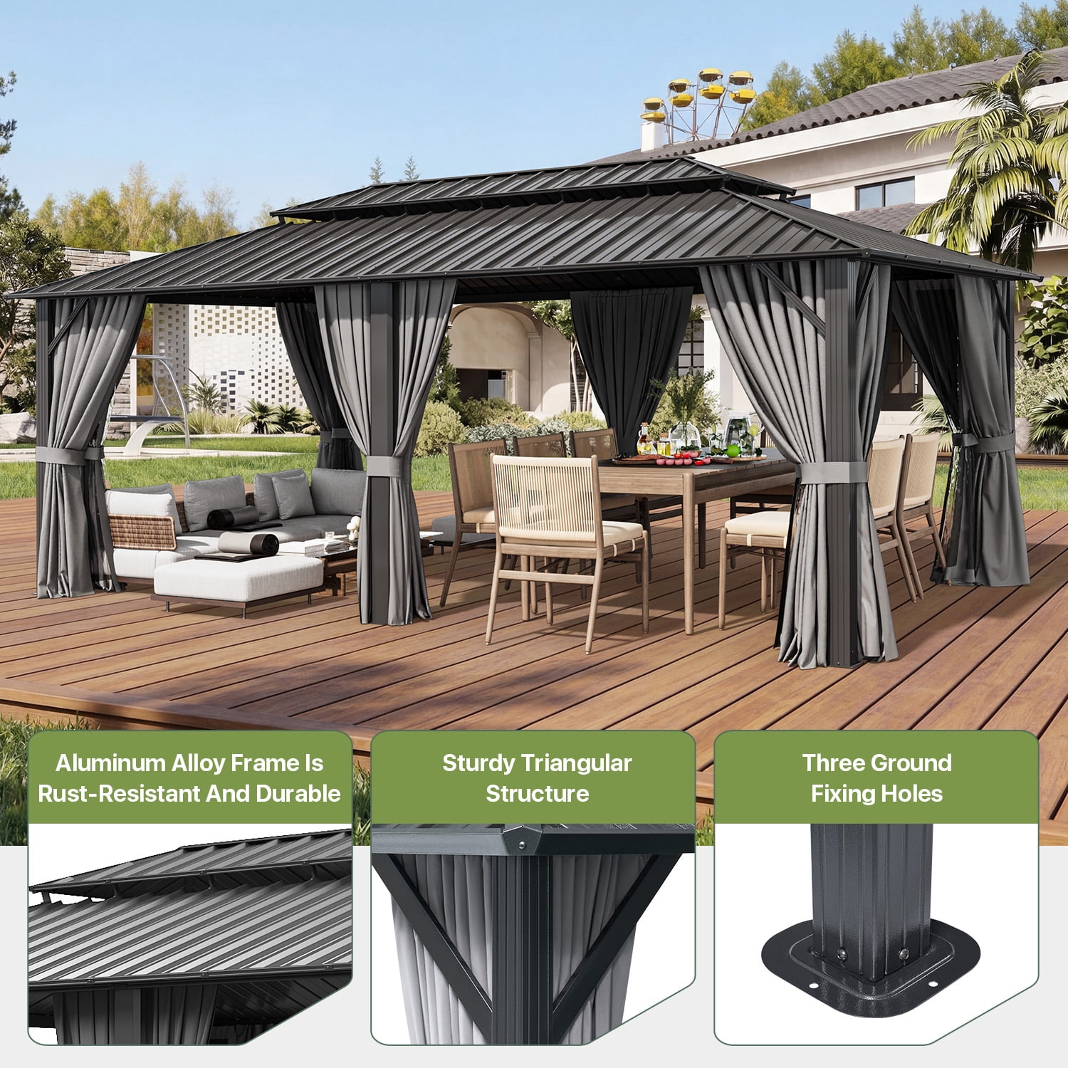 BaPiPro 12'x20' Hardtop Gazebo, Outdoor Steel Double Roof Metal Gazebo with Curtains and Nettings, Aluminum Frame Permanent Pavilion for Patio Garden Backyard, Gray
