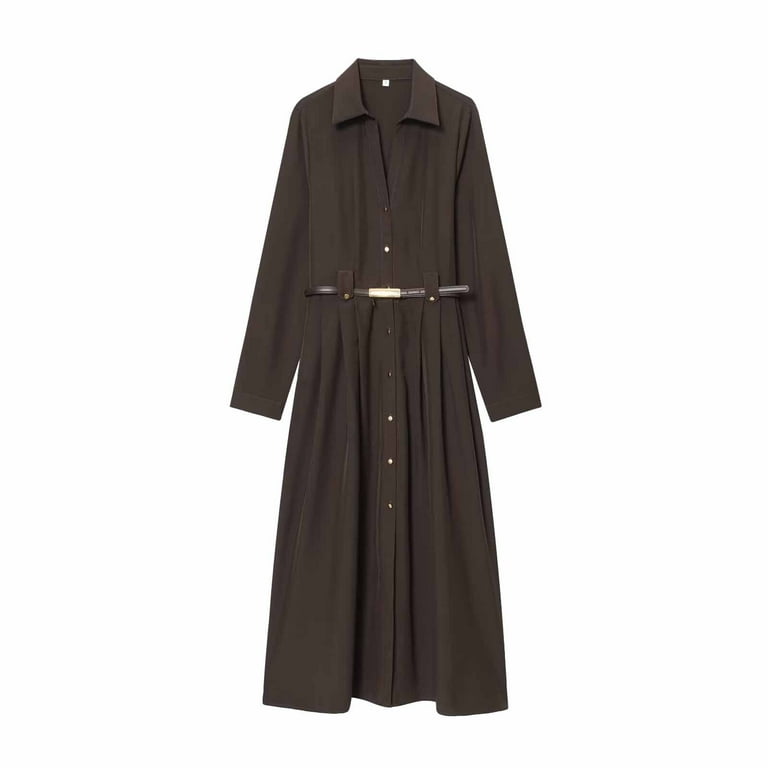 DAFPZW Women's Casual Pleated Dress Coats Office Lady Lapel Long Sleeves  Waist Belt A-Line Dresses Party Evening - Walmart.com