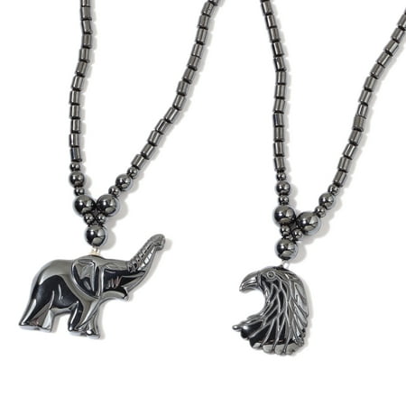 Beaded Elephant - Set of 2 Pendant Hematite Magnetic Clasp Beads Necklace s 20