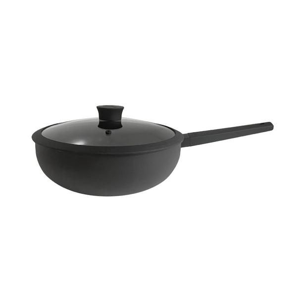 HUDSON VALLEY | Sarten Wok de Aluminio Antiadherente 32 cm con Tapa de Vidrio, Gran capacidad 6,3 L, Ligero y Resistente, Ideal para Salteados y Recetas Saludables, Color Negro